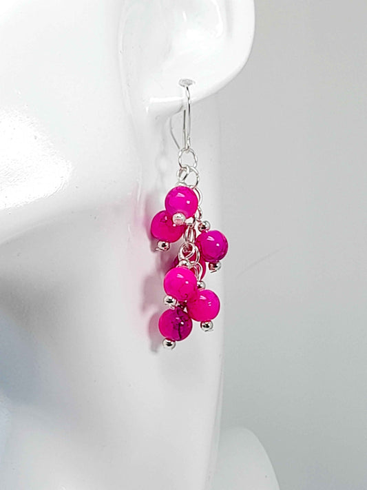 Hot Pink & Purple Marbled Glass Cluster Earrings – Statement Drop Earrings
