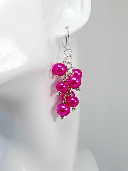 Hot Pink Faux Pearl Cluster Earrings | Bold Statement Drops
