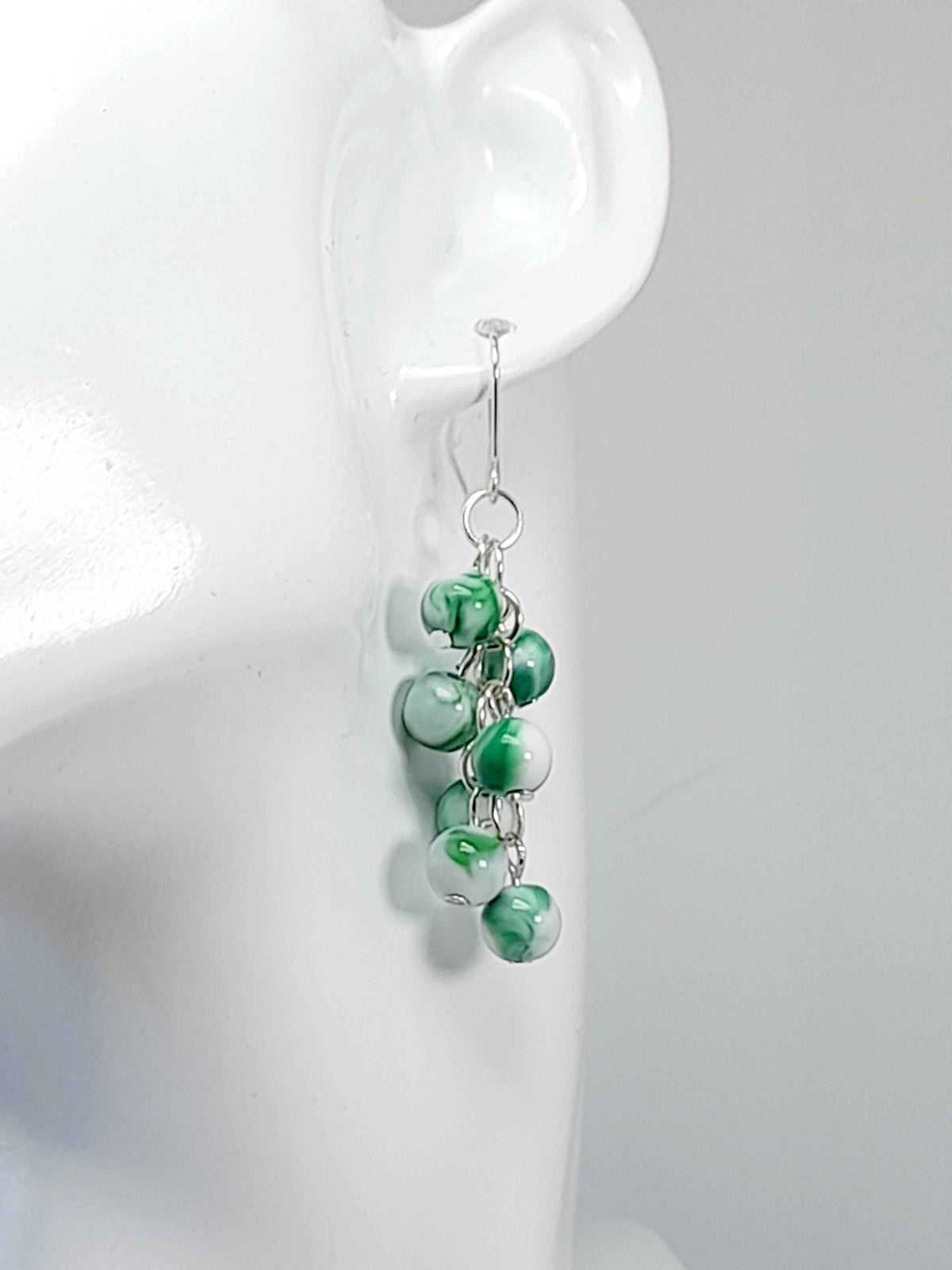Handmade Green and White Marbled Bead Cluster Earrings
