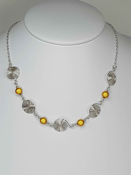 Silver Spiral & Yellow Bead Necklace – Handmade Design