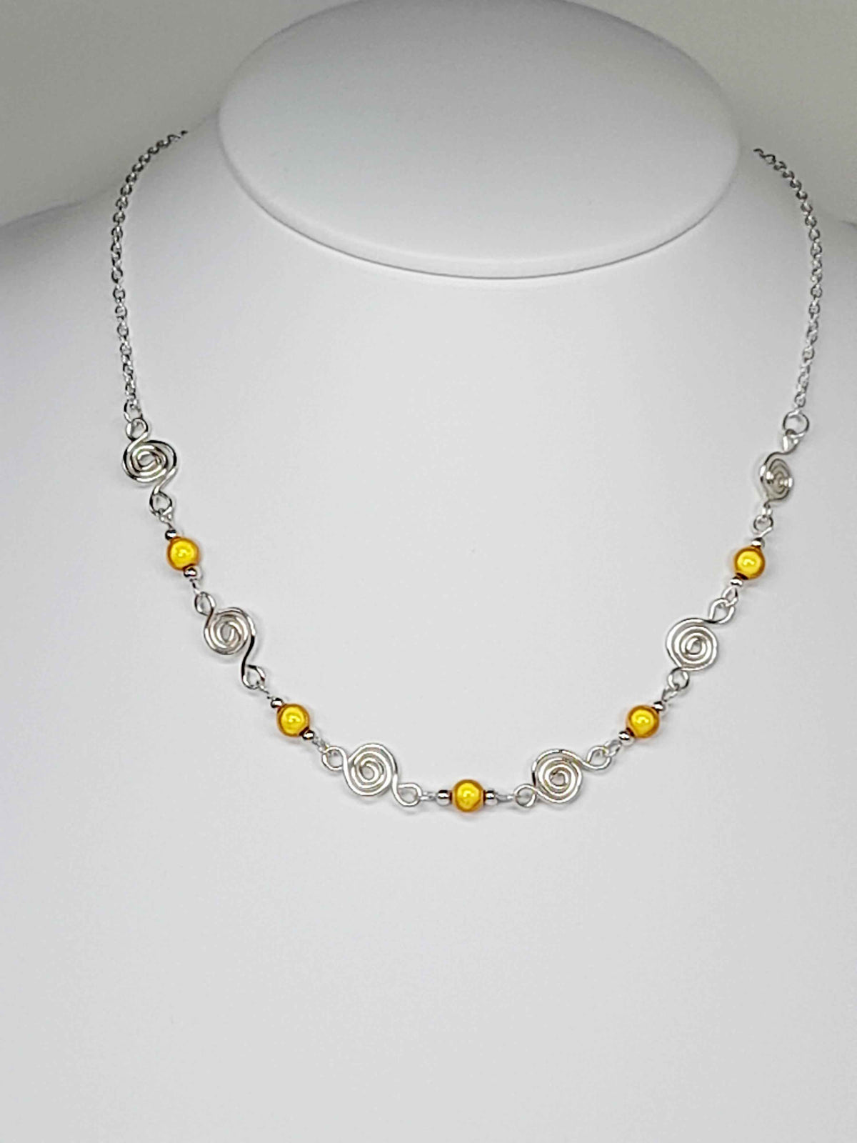 Dainty Silver Spiral & Yellow Bead Necklace – Handmade Design
