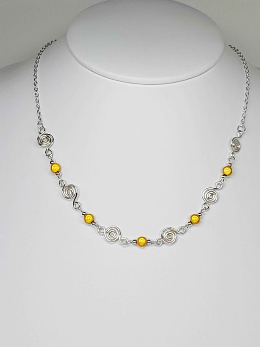 Dainty Silver Spiral & Yellow Bead Necklace – Handmade Design