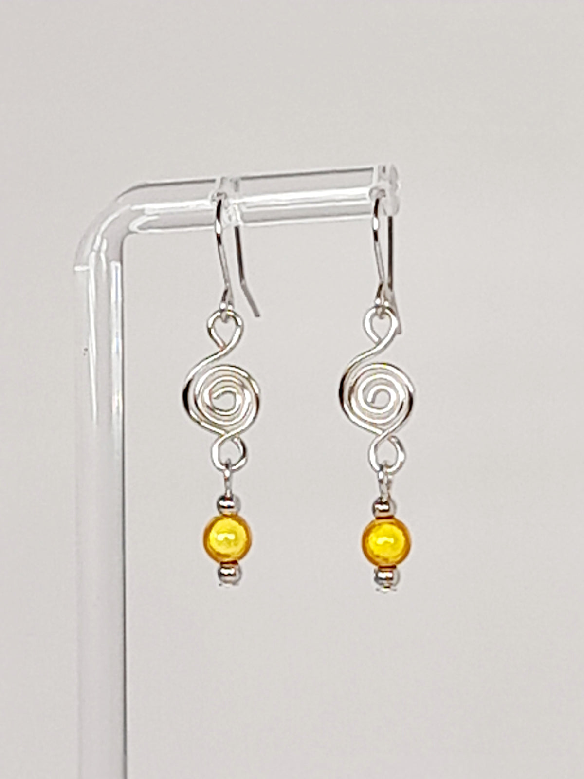 Dainty Silver Spiral & Yellow Bead Earrings – Handmade Drop Design