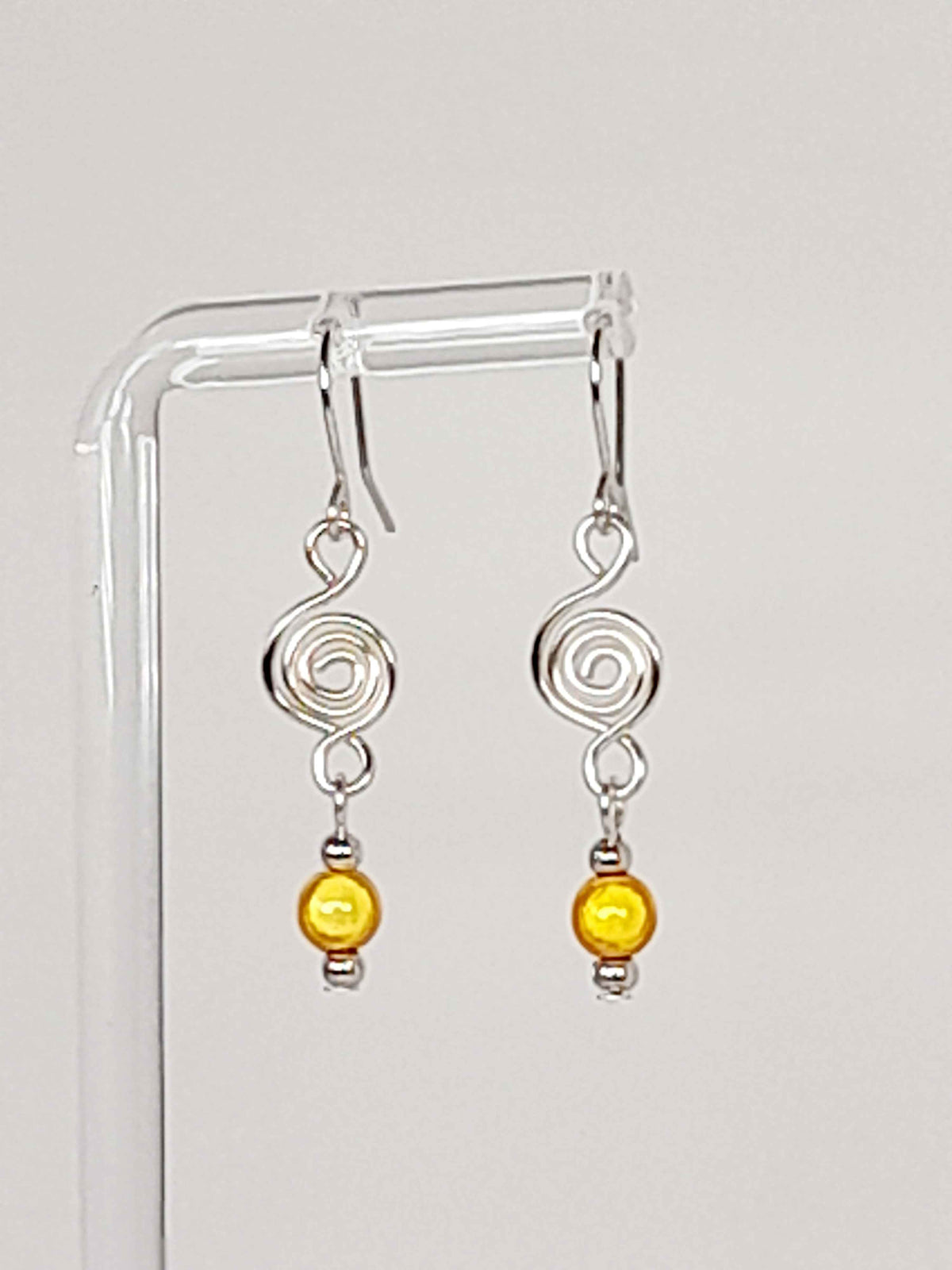 Dainty Silver Spiral & Yellow Bead Earrings – Handmade Drop Design