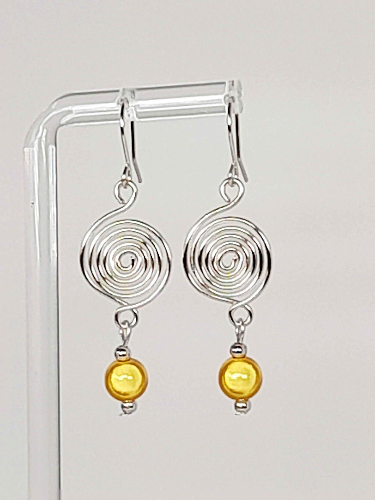 Silver Spiral & Yellow Bead Earrings – Handmade Drop Design