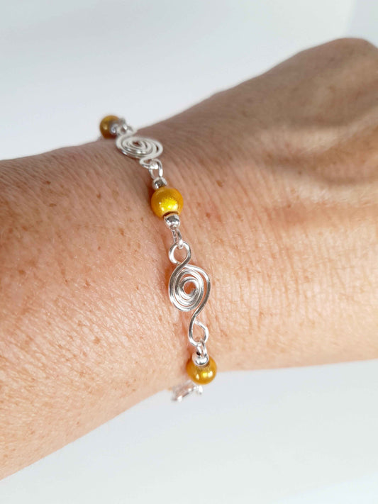 Dainty Silver Spiral & Yellow Bead Bracelet – Handmade Adjustable Design