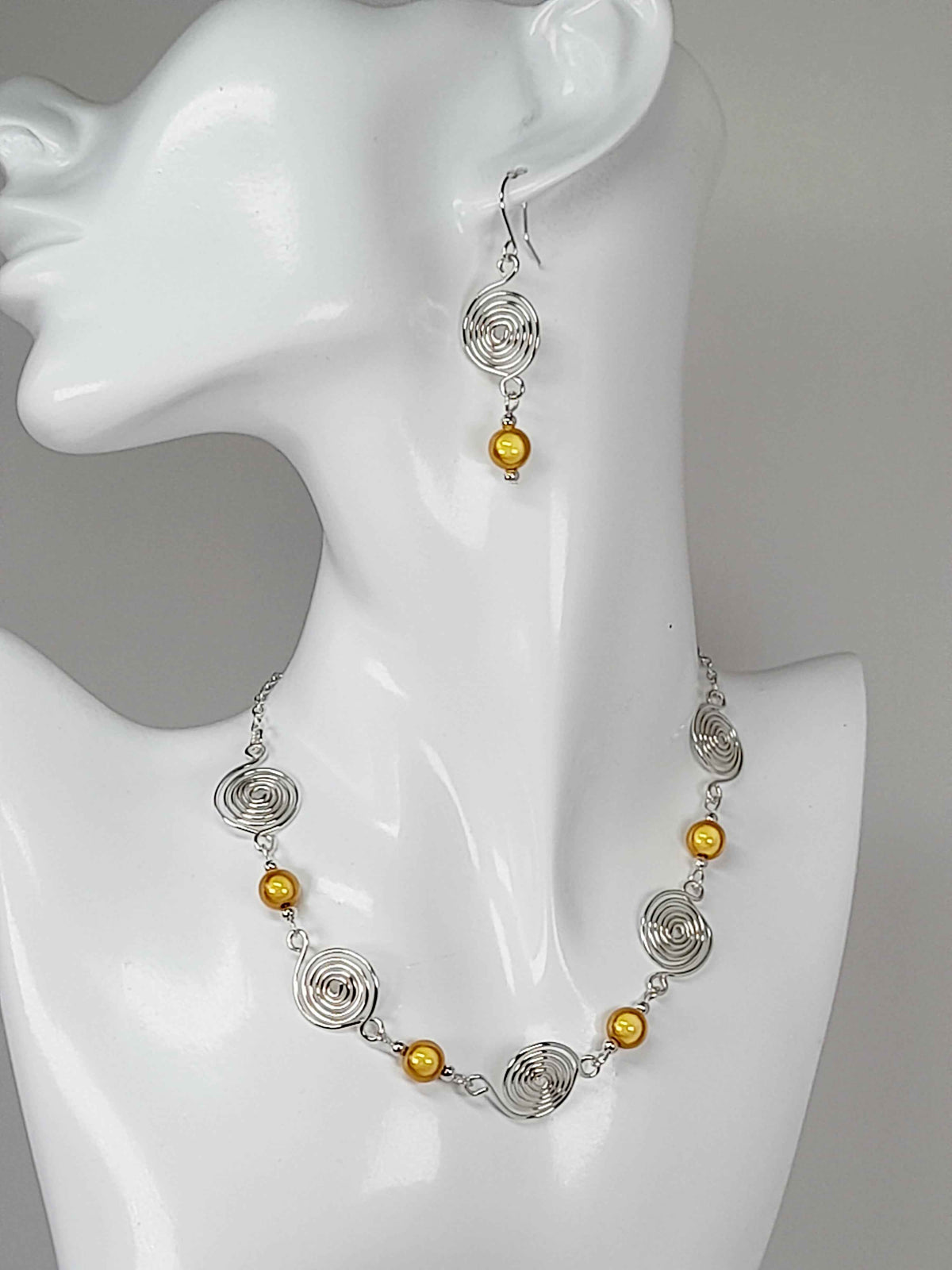 Silver Spiral & Yellow Bead Earrings – Handmade Drop Design