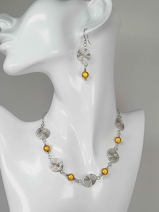 Silver Spiral & Yellow Bead Earrings – Handmade Drop Design