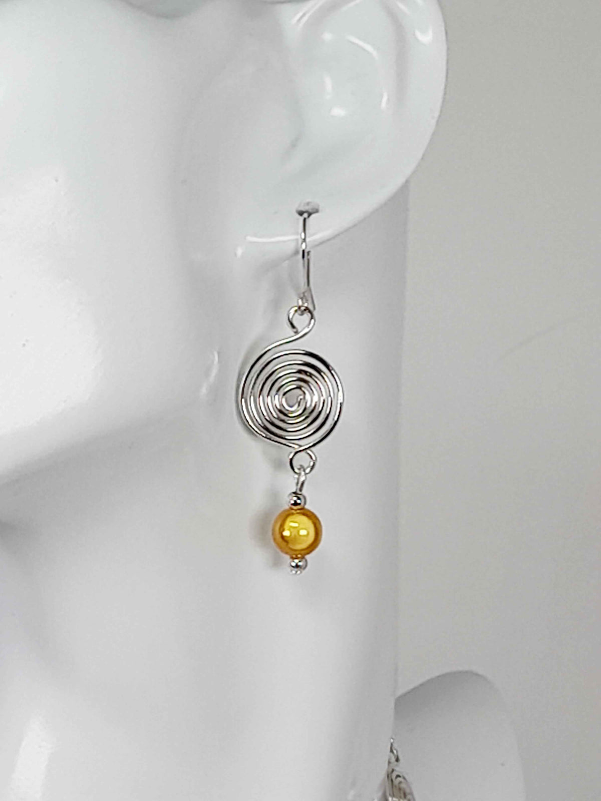 Silver Spiral & Yellow Bead Earrings – Handmade Drop Design