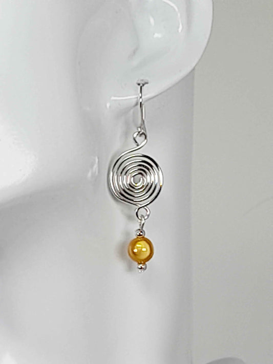 Silver Spiral & Yellow Bead Earrings – Handmade Drop Design