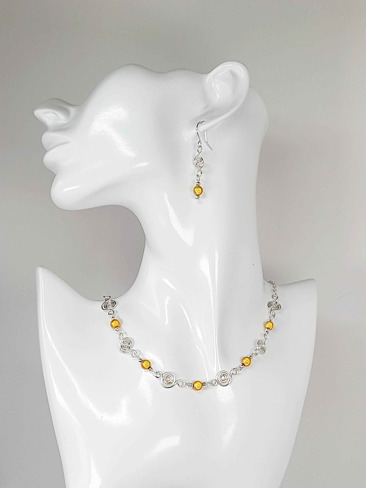 Dainty Silver Spiral & Yellow Bead Necklace – Handmade Design