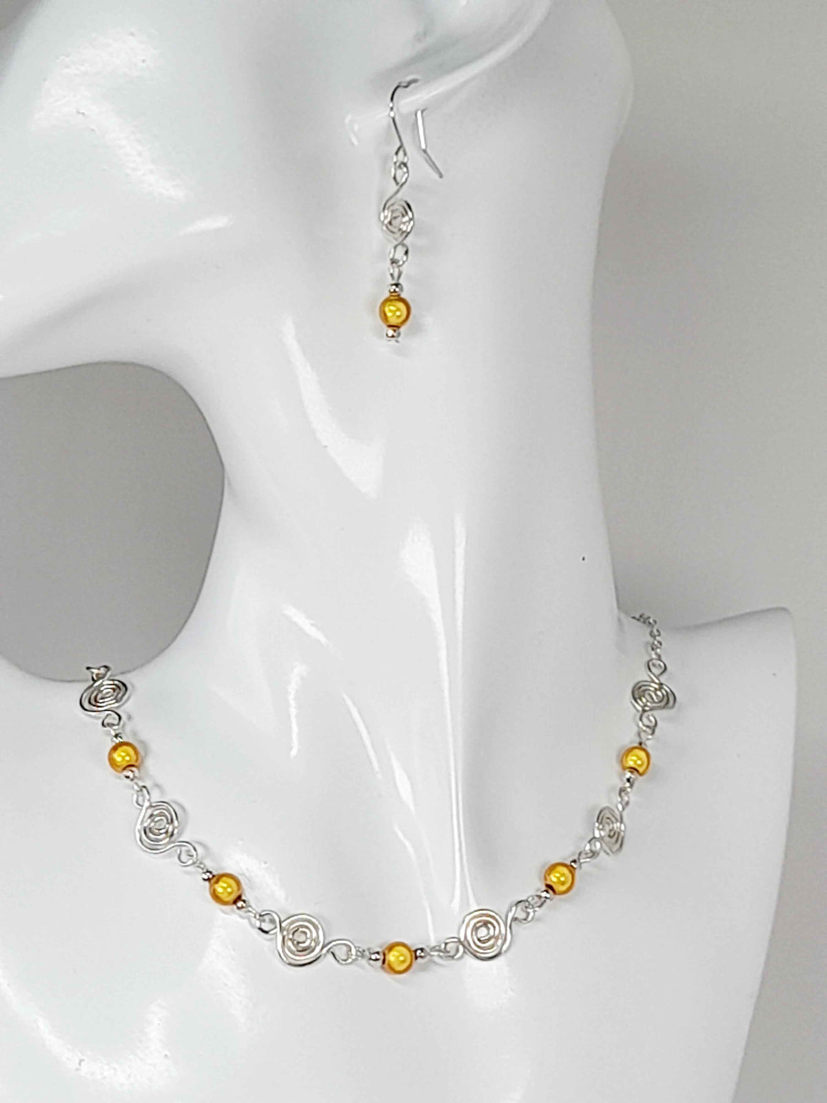 Dainty Silver Spiral & Yellow Bead Earrings – Handmade Drop Design