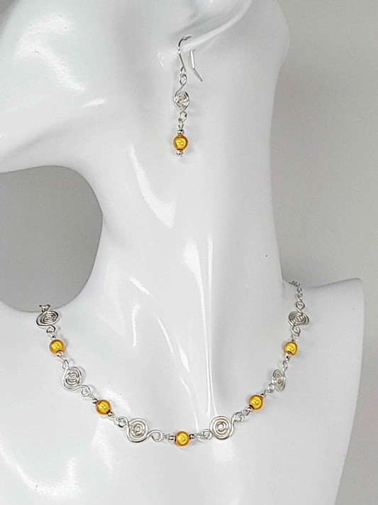 Dainty Silver Spiral & Yellow Bead Earrings – Handmade Drop Design