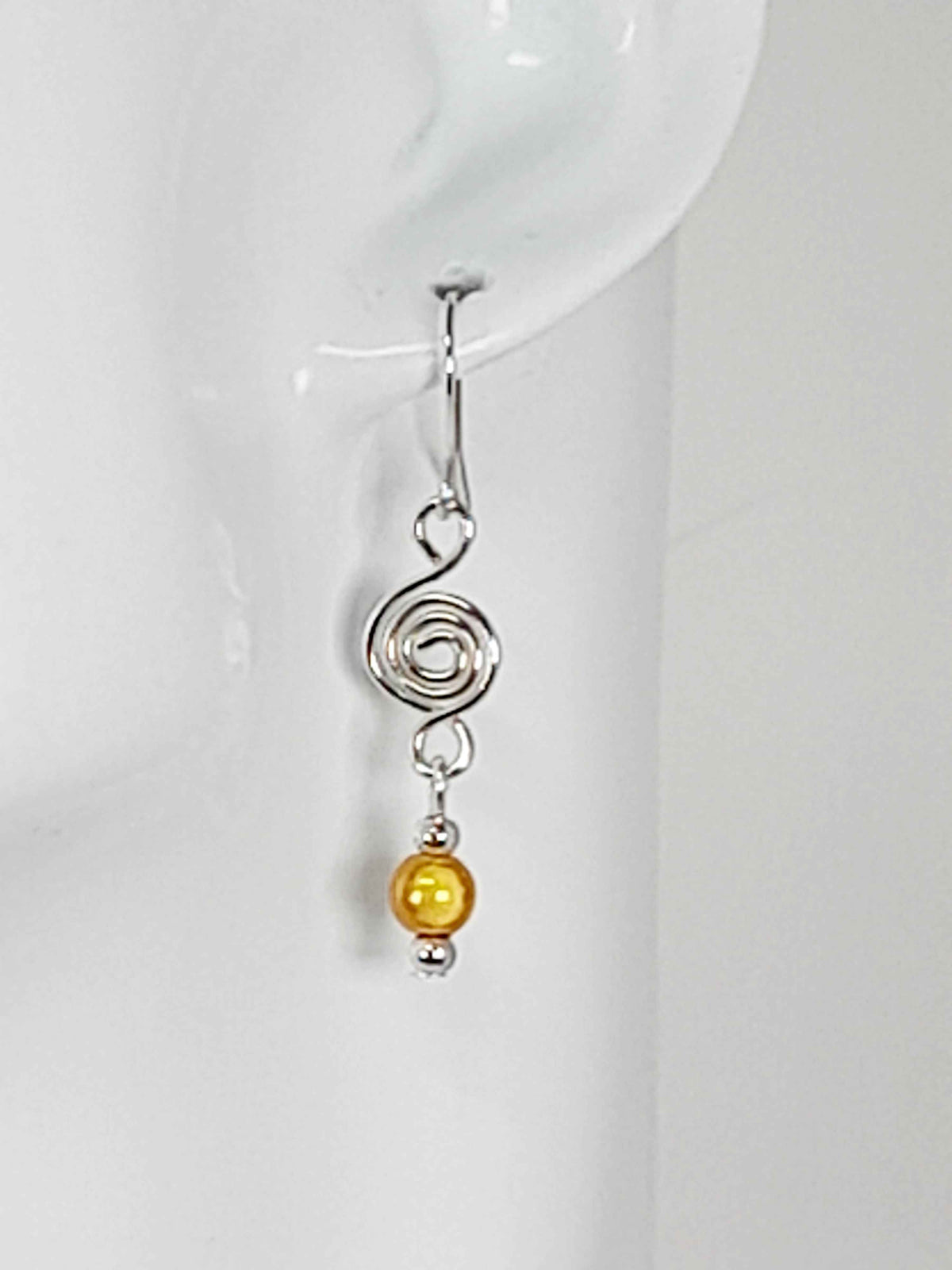 Dainty Silver Spiral & Yellow Bead Earrings – Handmade Drop Design