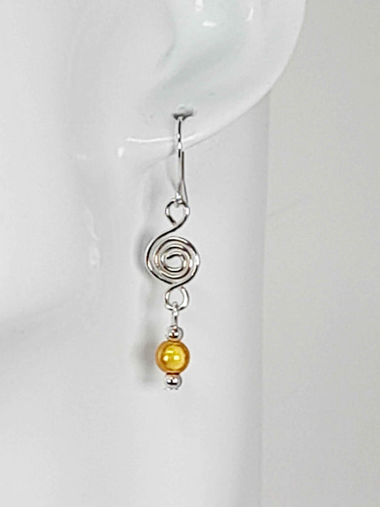 Dainty Silver Spiral & Yellow Bead Earrings – Handmade Drop Design