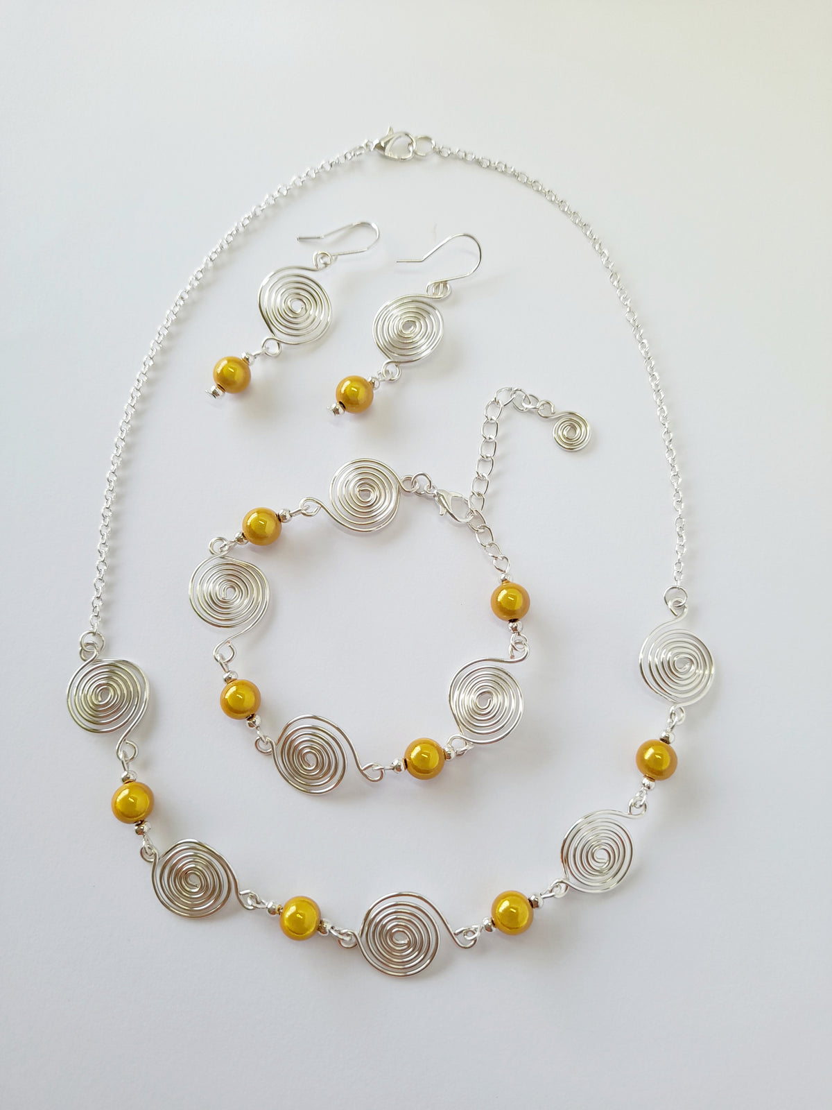 Silver Spiral & Yellow Bead Earrings – Handmade Drop Design