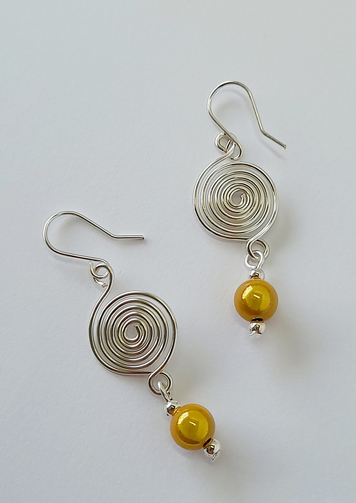 Silver Spiral & Yellow Bead Earrings – Handmade Drop Design