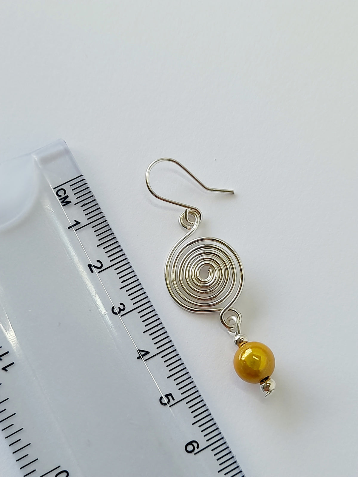 Silver Spiral & Yellow Bead Earrings – Handmade Drop Design