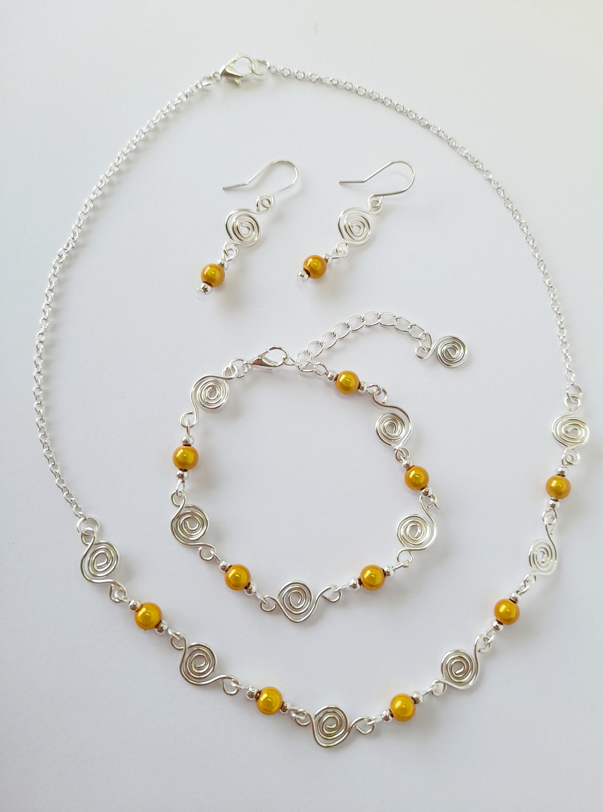 Dainty Silver Spiral & Yellow Bead Bracelet – Handmade Adjustable Design