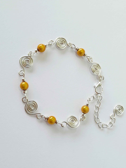 Dainty Silver Spiral & Yellow Bead Bracelet – Handmade Adjustable Design