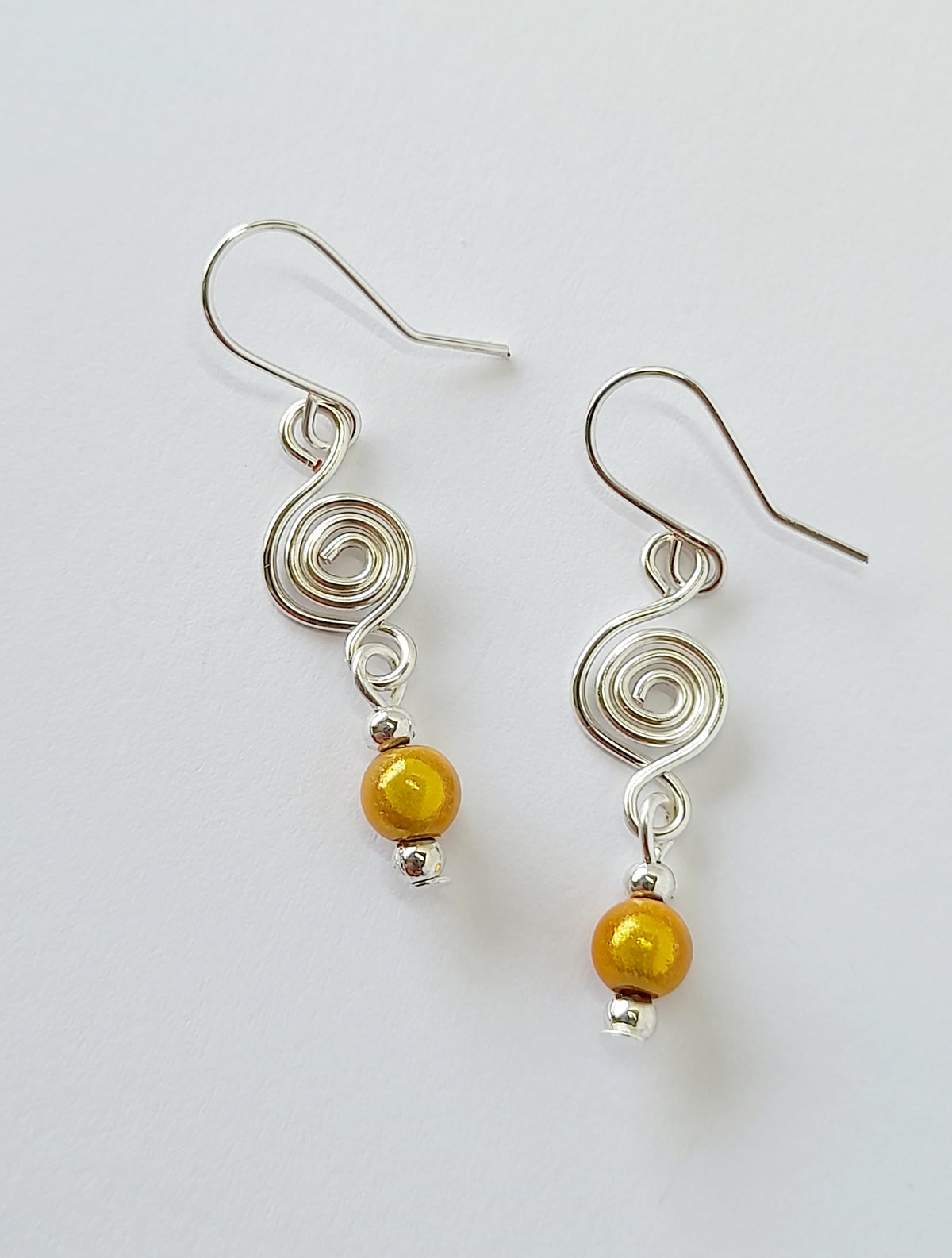 Dainty Silver Spiral & Yellow Bead Earrings – Handmade Drop Design