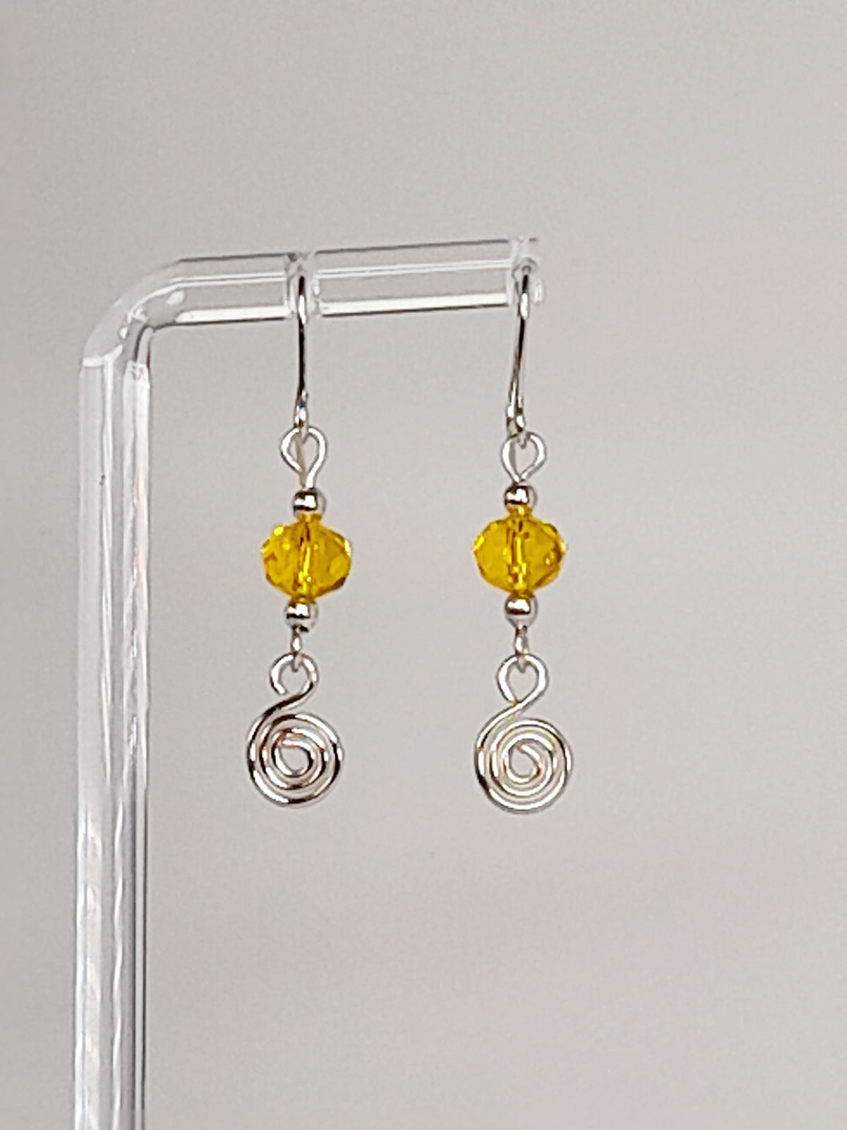 Handmade Yellow Faceted Bead & Silver Spiral Drop Earrings