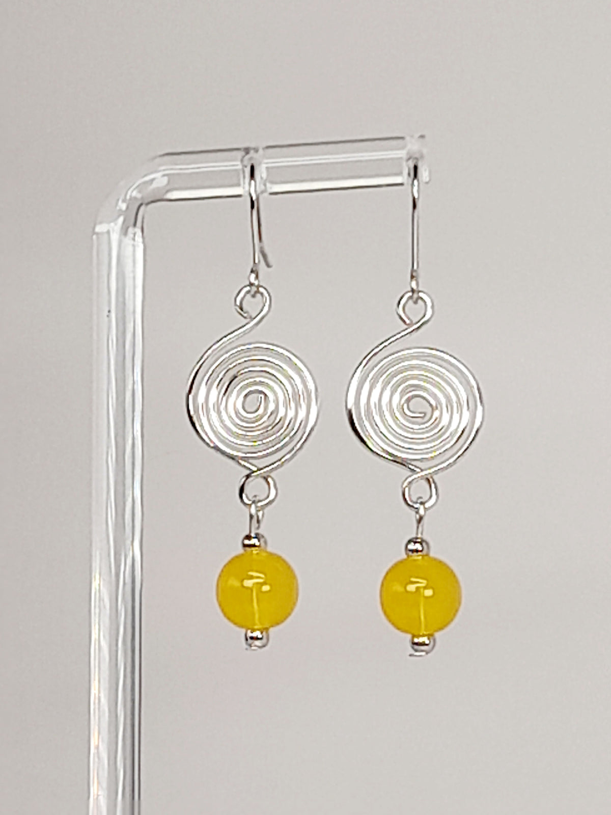 Handmade Silver Spiral & Yellow Glass Bead Drop Earrings