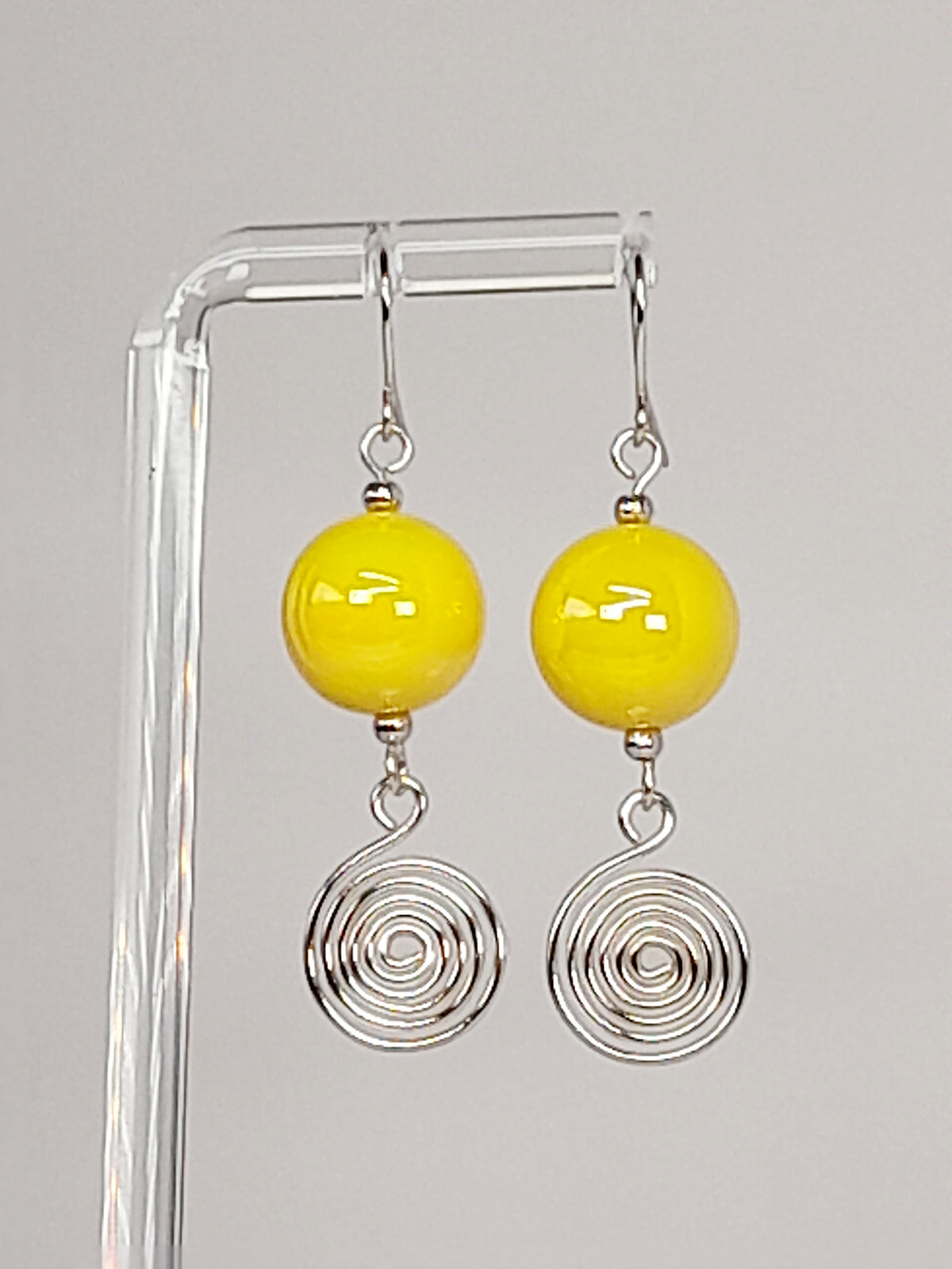 Handmade Yellow Iridescent Bead & Silver Spiral Drop Earrings