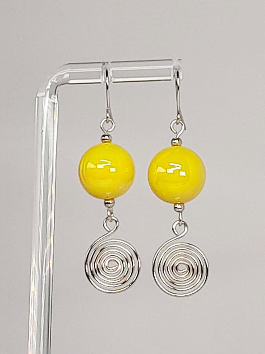 Handmade Yellow Iridescent Bead & Silver Spiral Drop Earrings