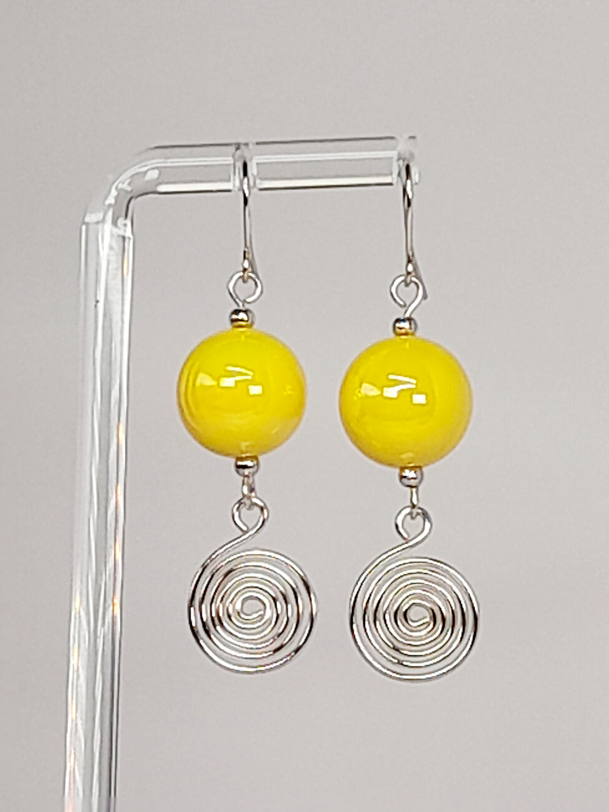 Handmade Yellow Iridescent Bead & Silver Spiral Drop Earrings