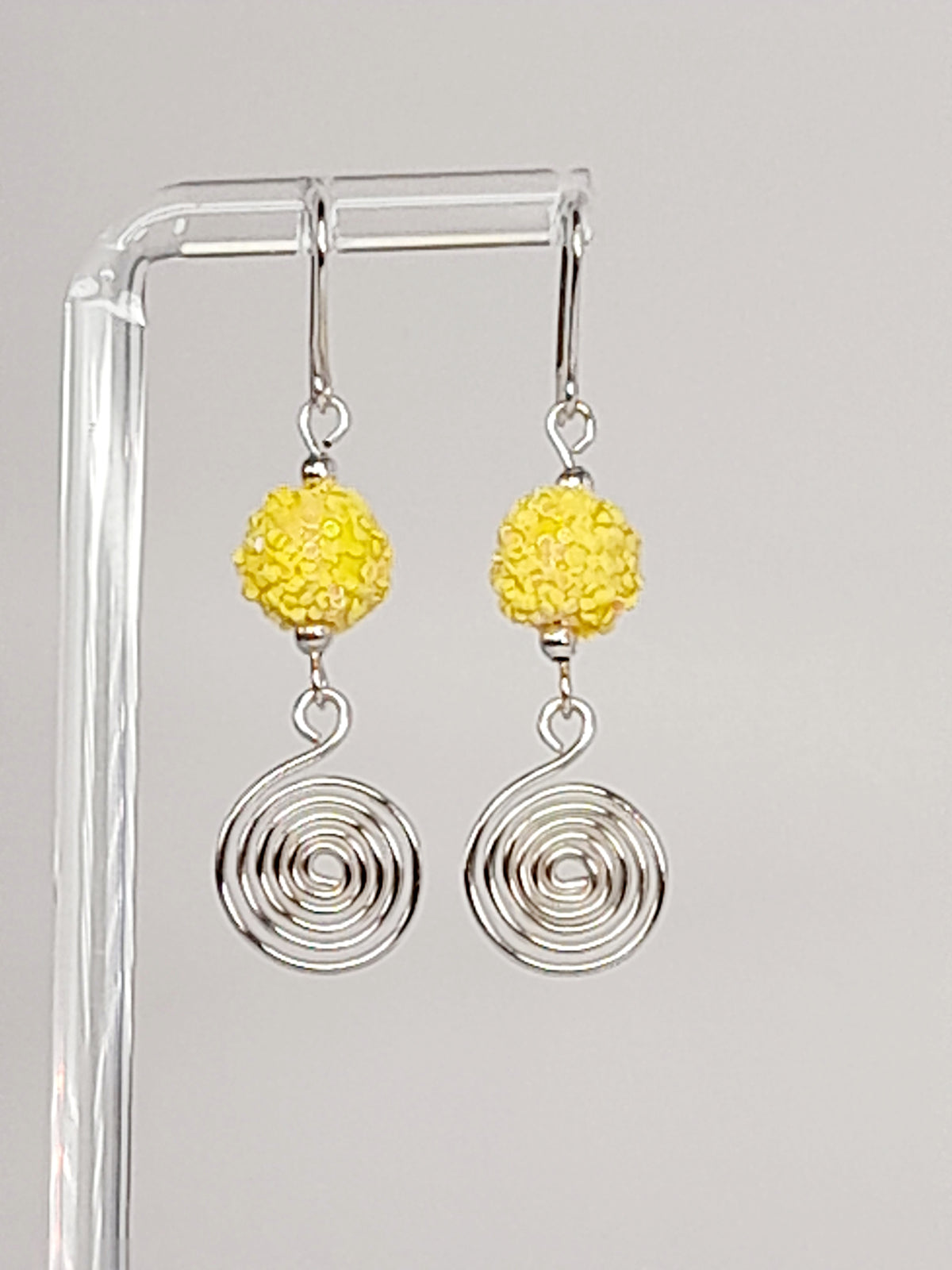 Handmade Yellow Sparkle Bead & Silver Spiral Drop Earrings