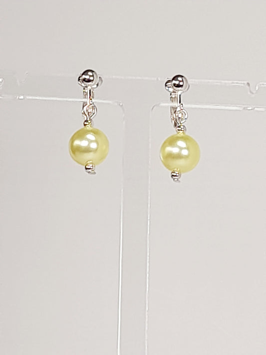 Handmade Pale Yellow Faux Pearl Clip-On Drop Earrings
