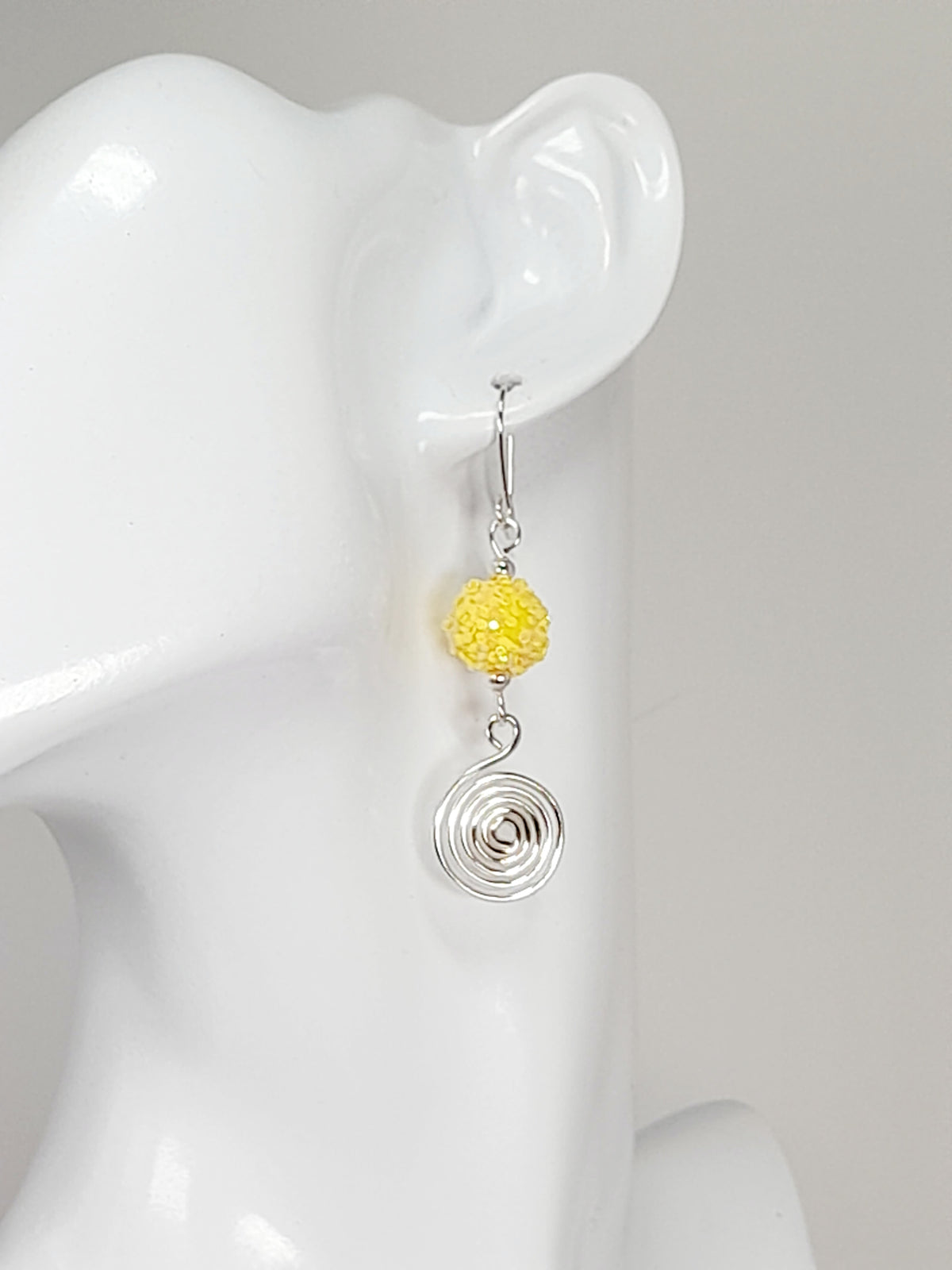 Handmade Yellow Sparkle Bead & Silver Spiral Drop Earrings