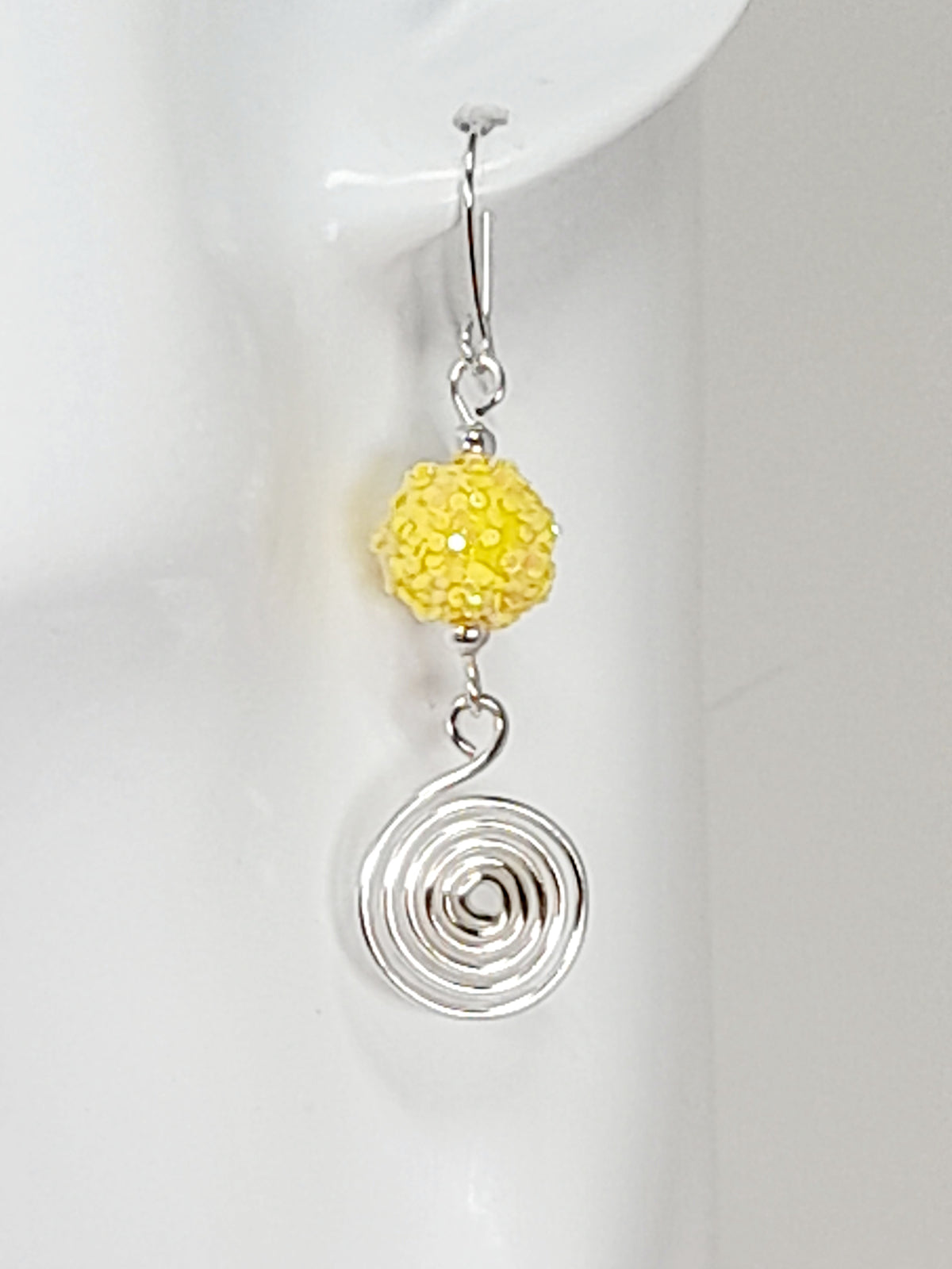 Handmade Yellow Sparkle Bead & Silver Spiral Drop Earrings