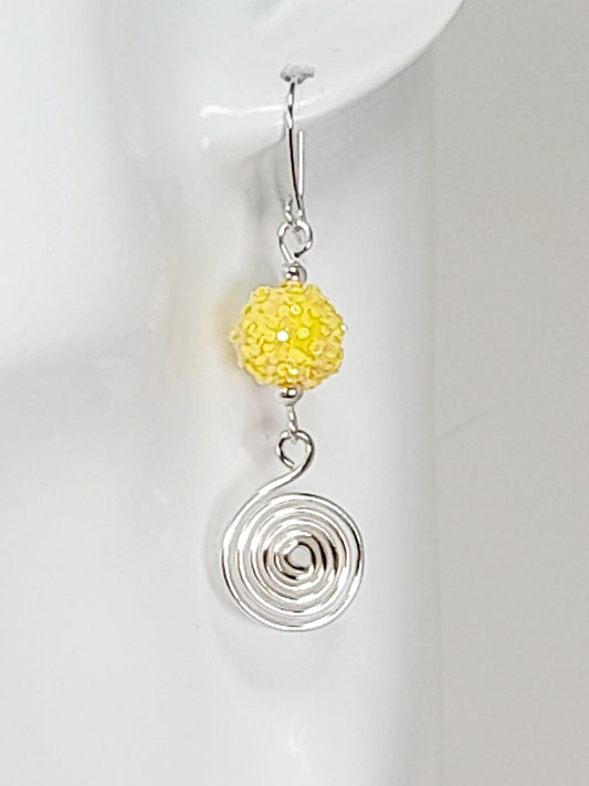 Handmade Yellow Sparkle Bead & Silver Spiral Drop Earrings
