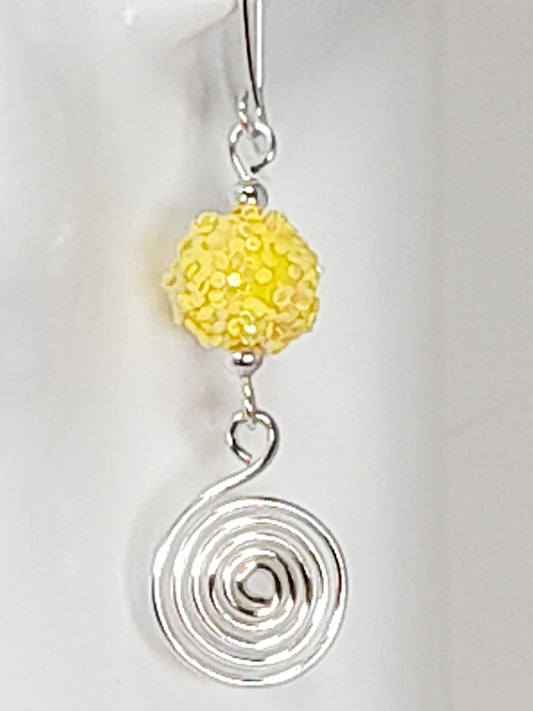 Handmade Yellow Sparkle Bead & Silver Spiral Drop Earrings