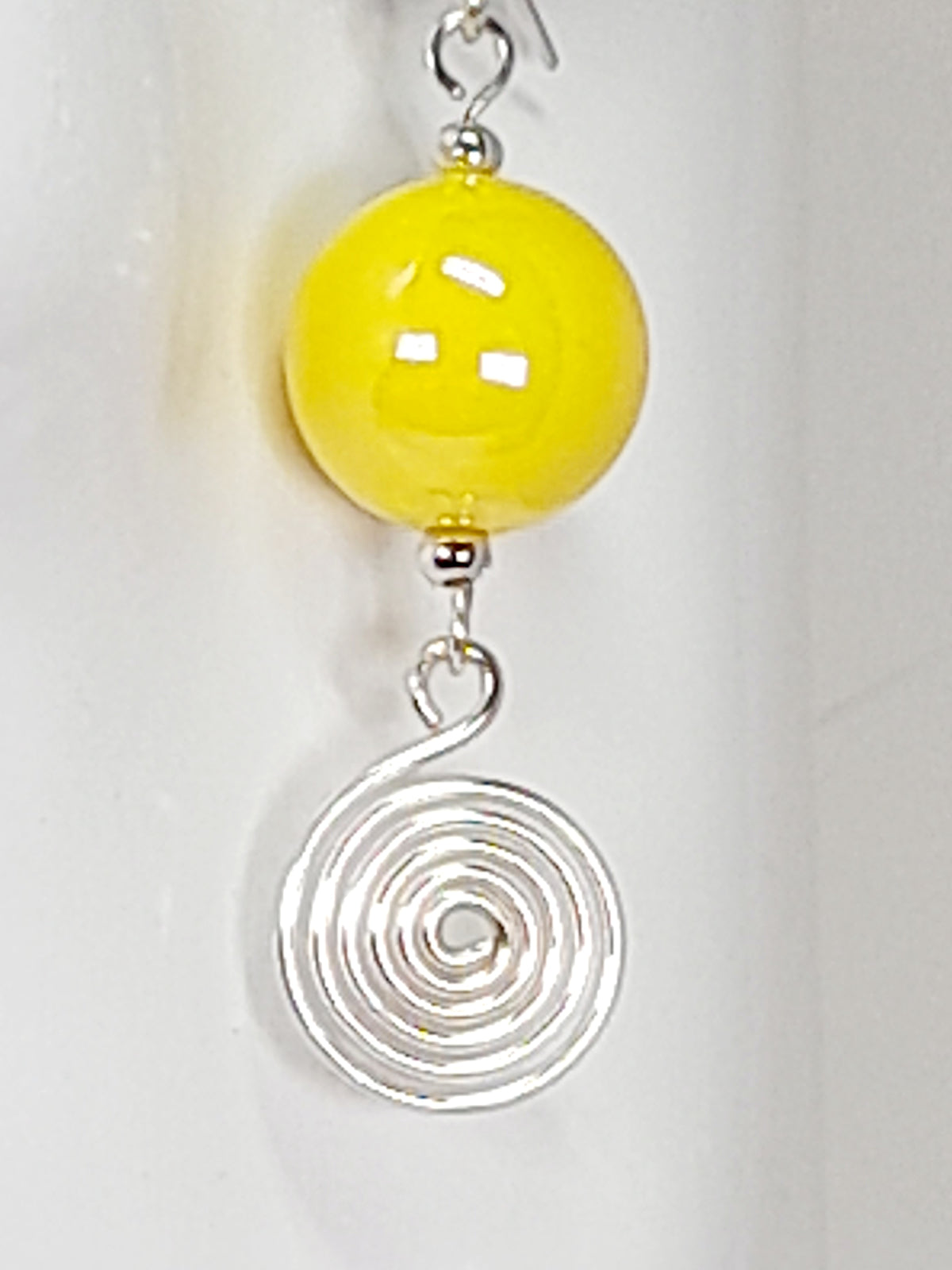 Handmade Yellow Iridescent Bead & Silver Spiral Drop Earrings