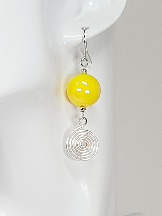Handmade Yellow Iridescent Bead & Silver Spiral Drop Earrings