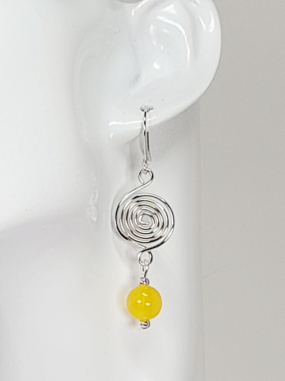 Handmade Silver Spiral & Yellow Glass Bead Drop Earrings