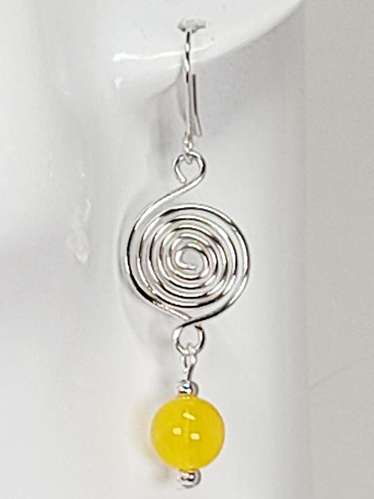 Handmade Silver Spiral & Yellow Glass Bead Drop Earrings