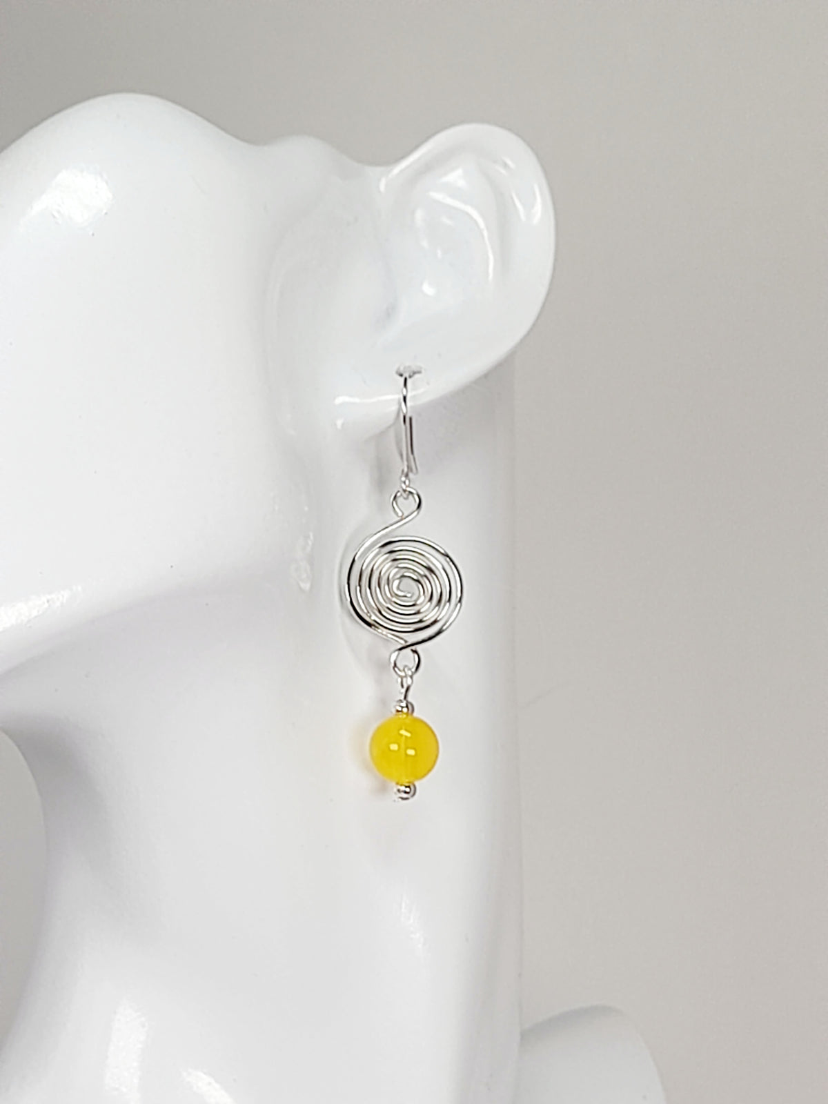 Handmade Silver Spiral & Yellow Glass Bead Drop Earrings