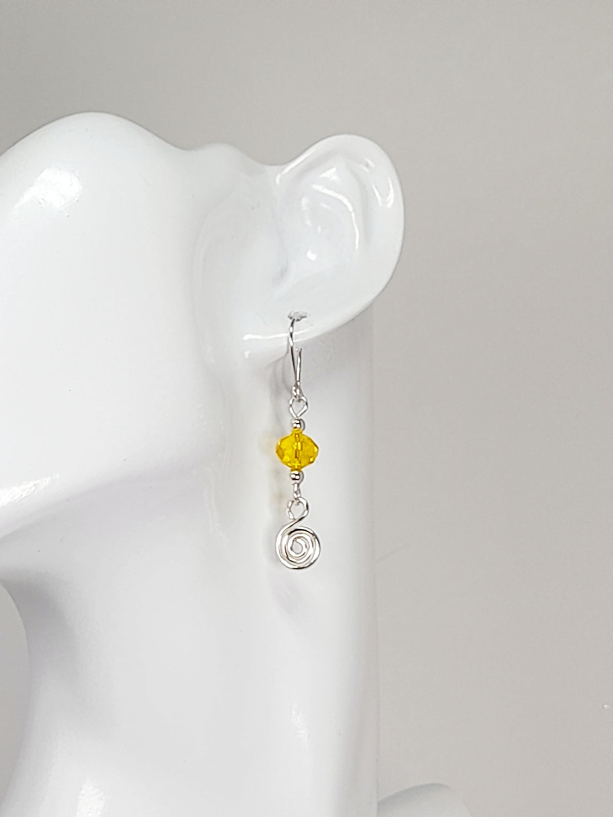 Handmade Yellow Faceted Bead & Silver Spiral Drop Earrings