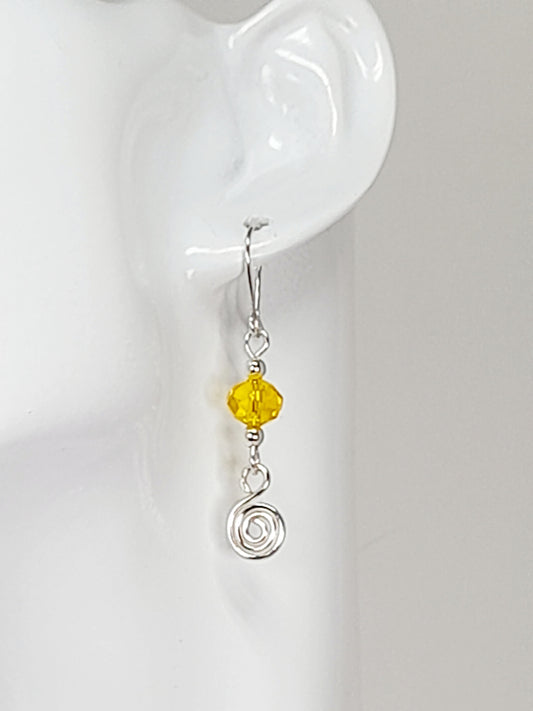 Handmade Yellow Faceted Bead & Silver Spiral Drop Earrings
