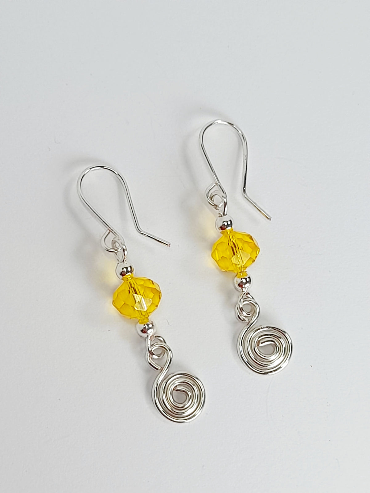 Handmade Yellow Faceted Bead & Silver Spiral Drop Earrings