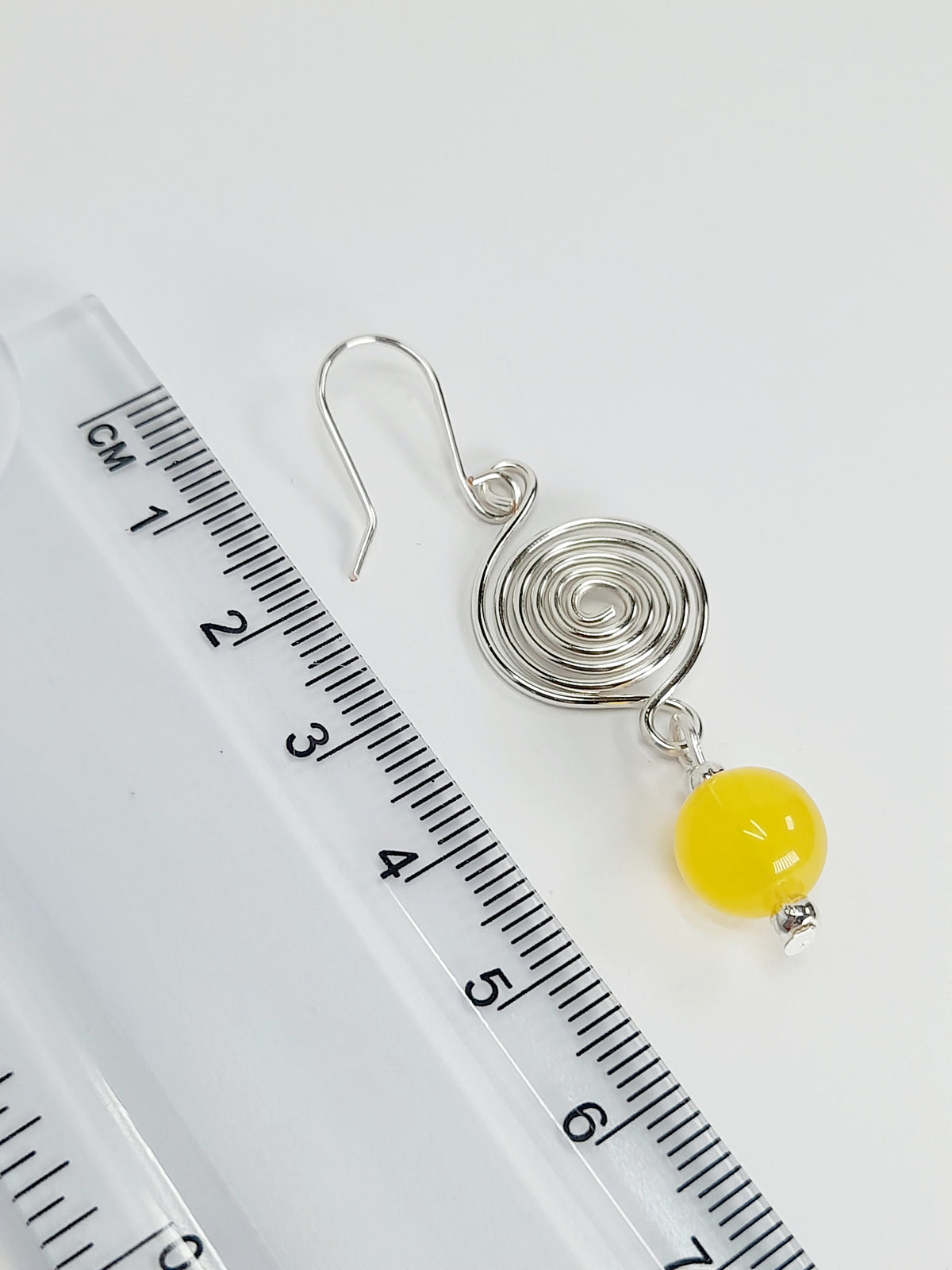 Handmade Silver Spiral & Yellow Glass Bead Drop Earrings