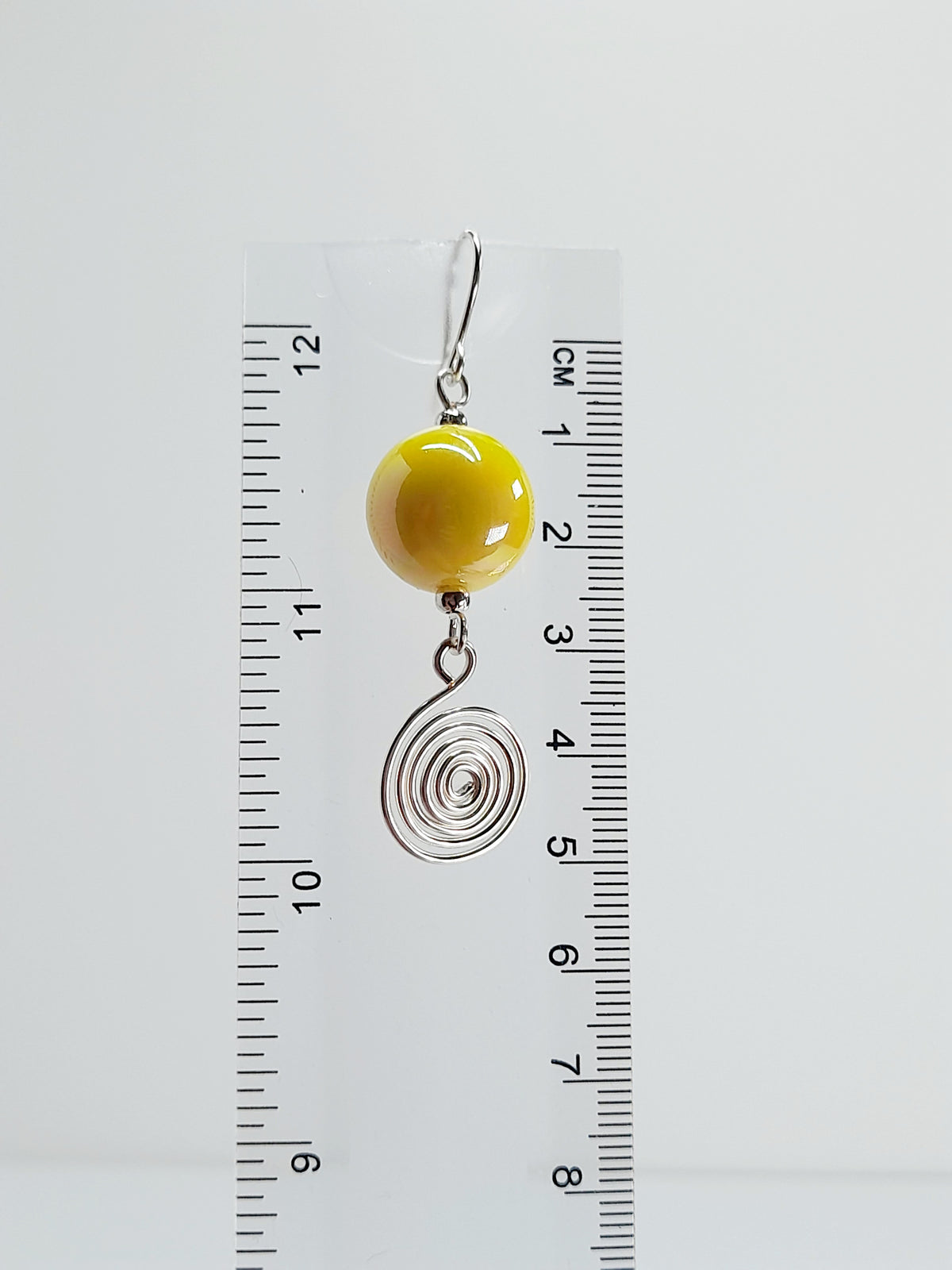 Handmade Yellow Iridescent Bead & Silver Spiral Drop Earrings