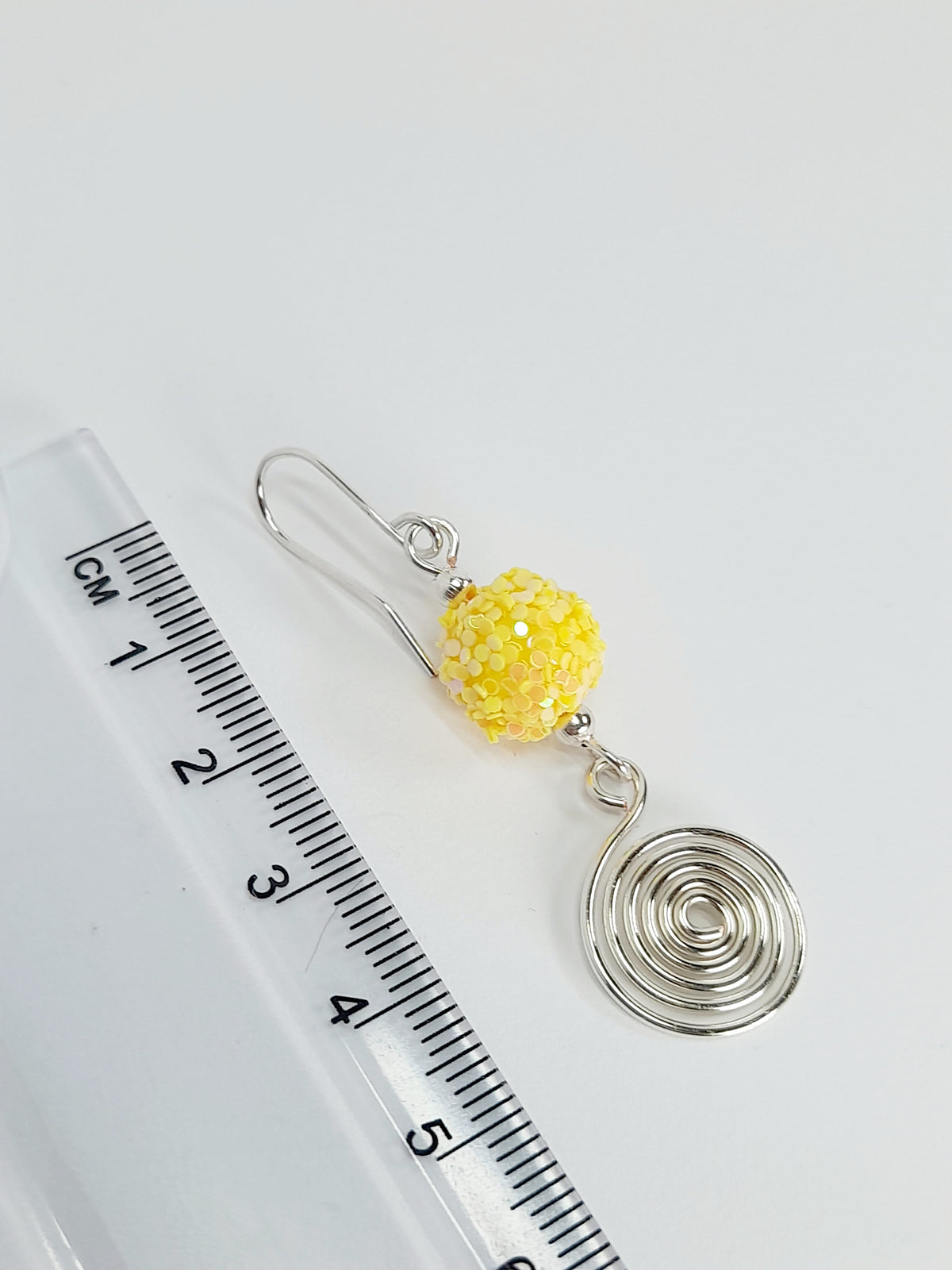 Handmade Yellow Sparkle Bead & Silver Spiral Drop Earrings