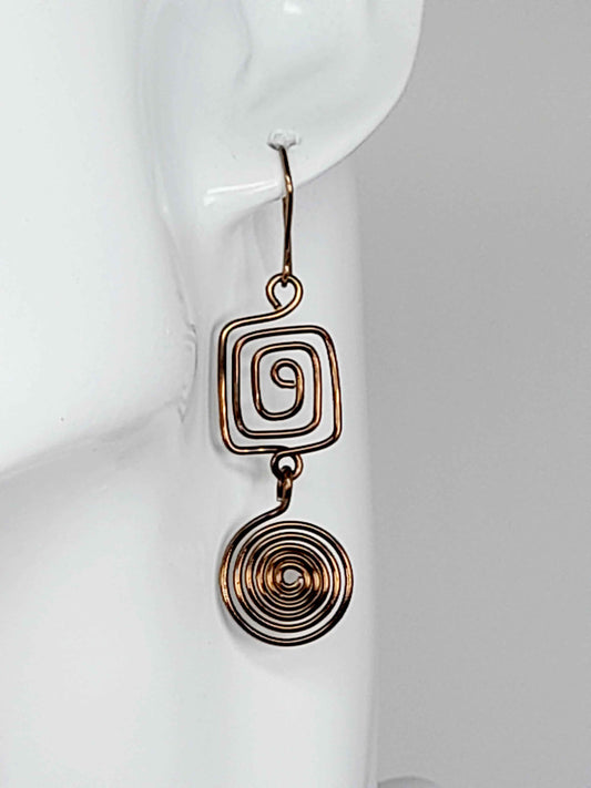 Bronze Geometric Double Spiral Drop Earrings