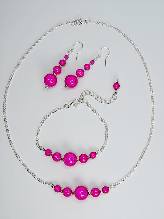 Hot Pink Jewellery Set – Handmade Miracle Bead Necklace, Bracelet & Earrings Set | Gift Boxed | Free UK Delivery