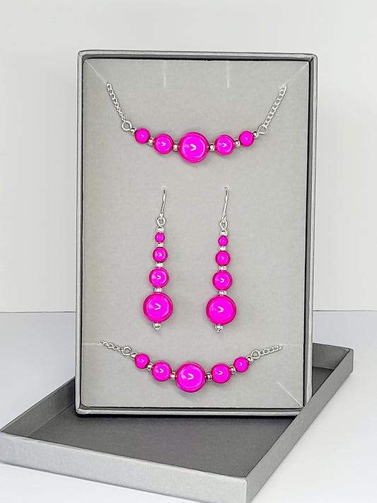 Hot Pink Jewellery Set – Handmade Miracle Bead Necklace, Bracelet & Earrings Set | Gift Boxed | Free UK Delivery